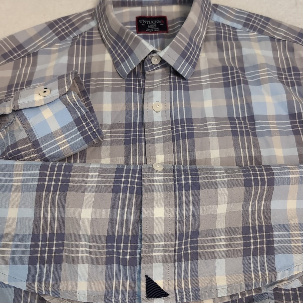 UNTUCKit Blue Plaid Check‎ Button Up Slim Fit Men's Dress Shirt - Size L